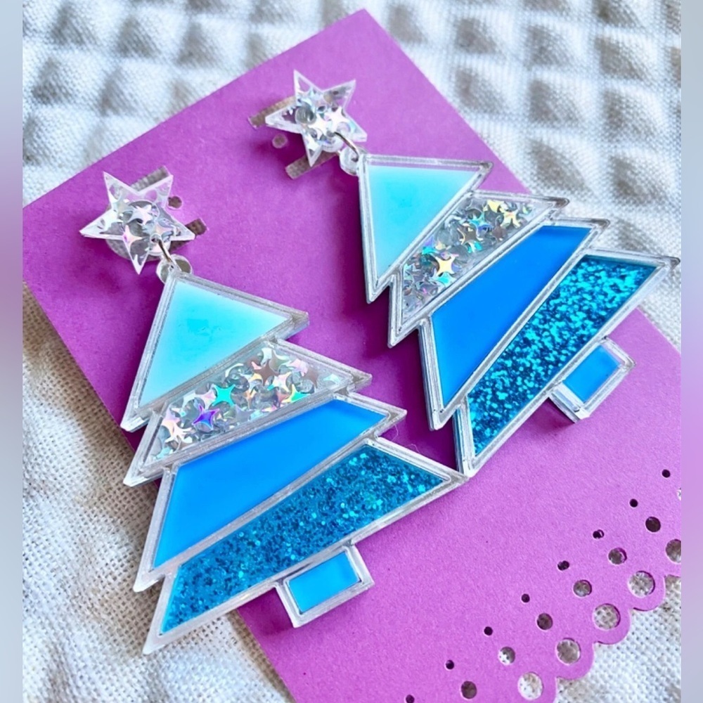 New Blue Christmas Tree Star Confetti Glitter Retro 80s Style Earrings - 2.75”